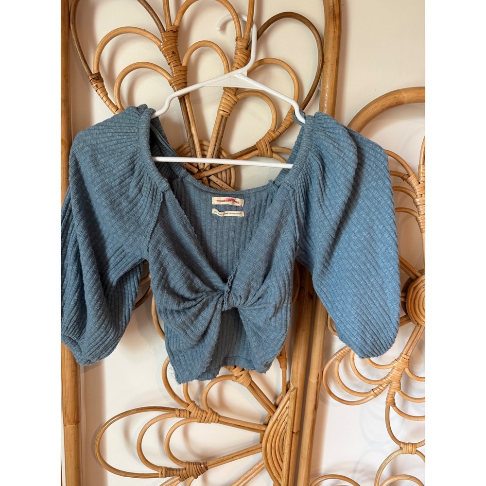 Urban Outfitters Blue Ribbed Knit Puff‎ Sleeve Front Knot Crop Top S-P